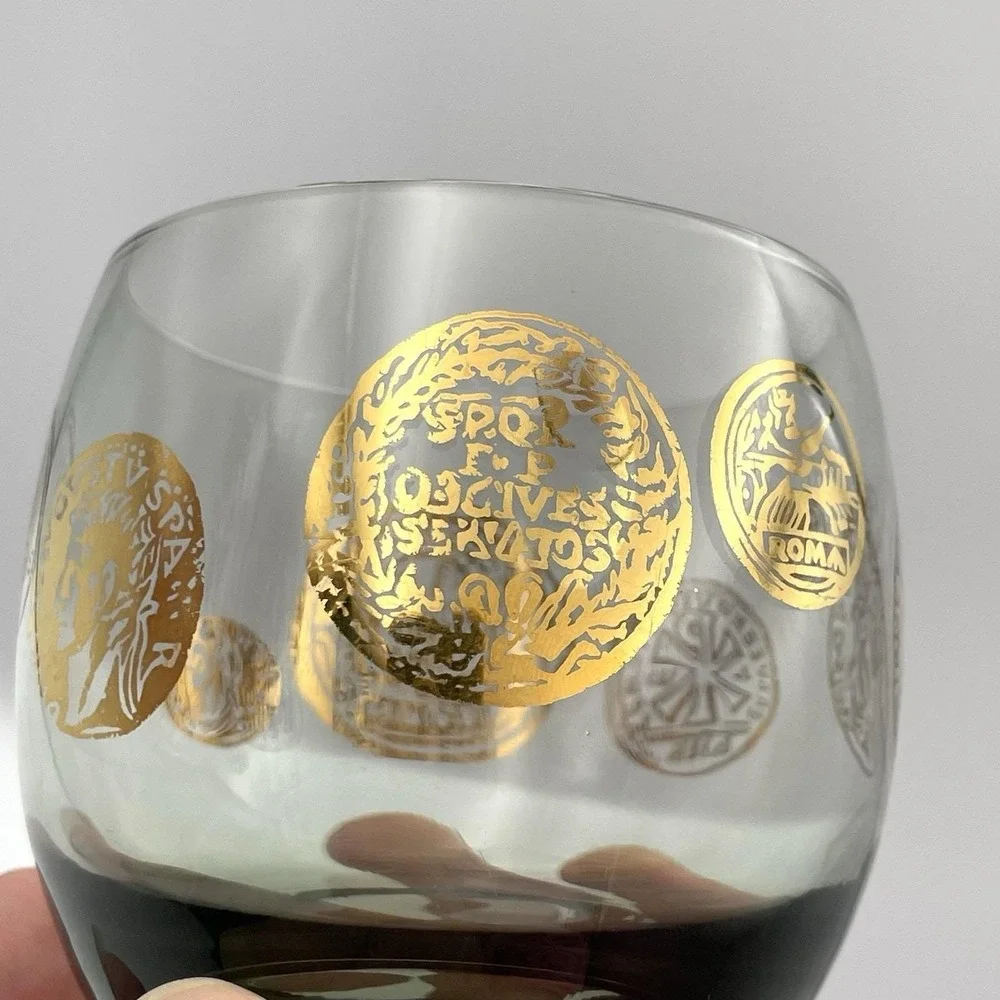 Vintage 1971 Federal Glass Roma Coins Roly Poly Tumblers‎ Set Of 2 Smoky Gray